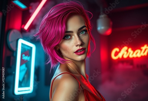 Photorealistic portrait of a woman with pink hair and green eyes photo