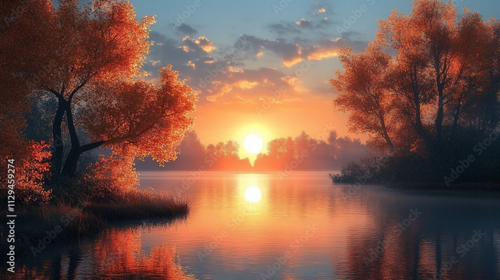Serene autumn sunset over calm lake with colorful trees. Serene autumn sunset over calm lake with colorful trees.