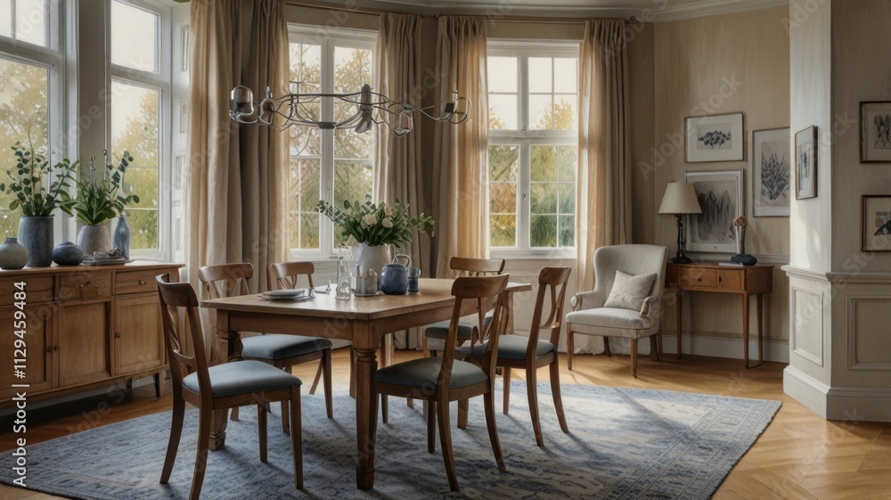 Elegant Dining Room With Bay Window And Wooden Furniture Elegant Dining Room With Bay Window And Wooden Furniture