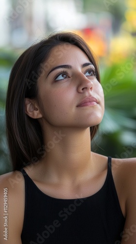 A woman with a serious expression gazes upwards, her face illuminated by soft light. The background features vibrant greenery, suggesting a serene outdoor setting