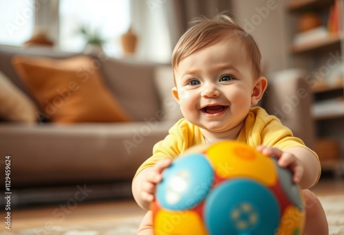 Photorealistic portrait of a cute baby playing with a ball