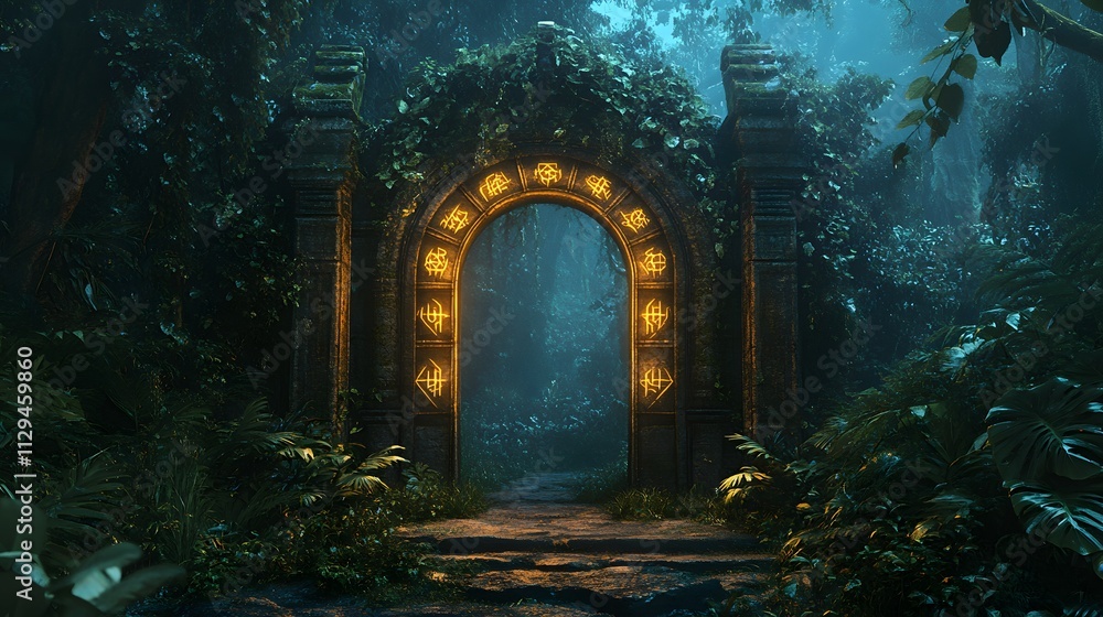Fototapeta premium A mystical gate covered in glowing runes opening into a lush otherworldly jungle.