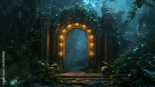 A mystical gate covered in glowing runes opening into a lush otherworldly jungle. photo