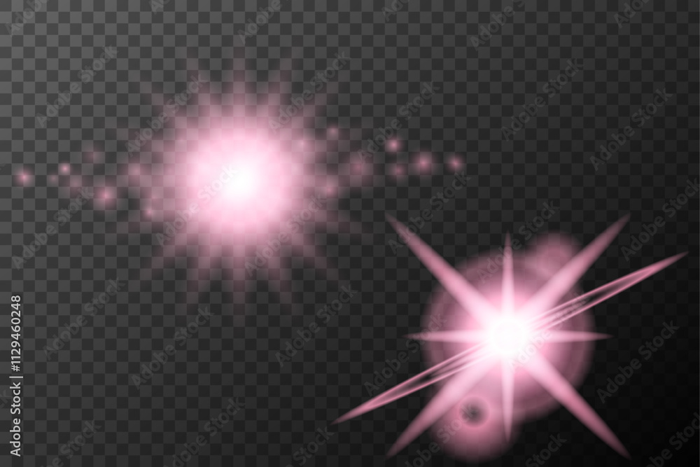 Fototapeta premium Set light effect Pink isolated flare explosion shiny dust line solar flare star spark neon light holidays festival, vector element