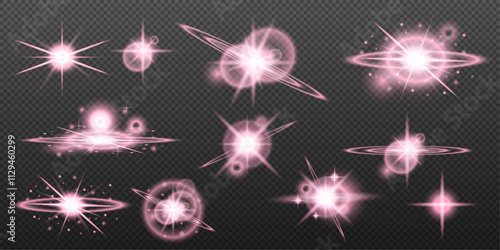 Set light effect Pink isolated flare explosion shiny dust line solar flare star spark neon light holidays festival, vector element