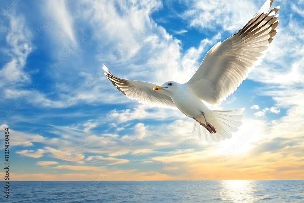 Fototapeta premium A seagull soars gracefully over a tranquil ocean at sunset.