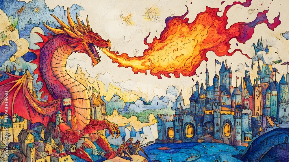 Fototapeta premium A playful drawing of a dragon breathing fire surrounded by knights and a castle.