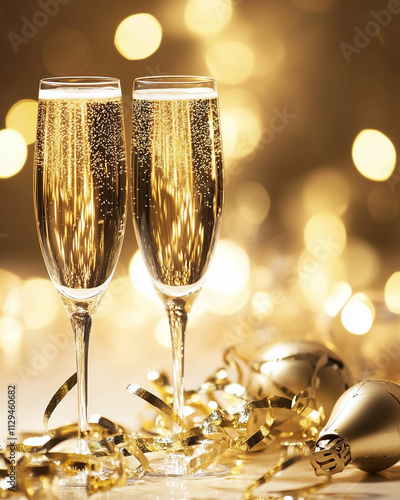 Glasses of Champagne on a Golden Festive Background – New Year’s Eve Celebration Scene