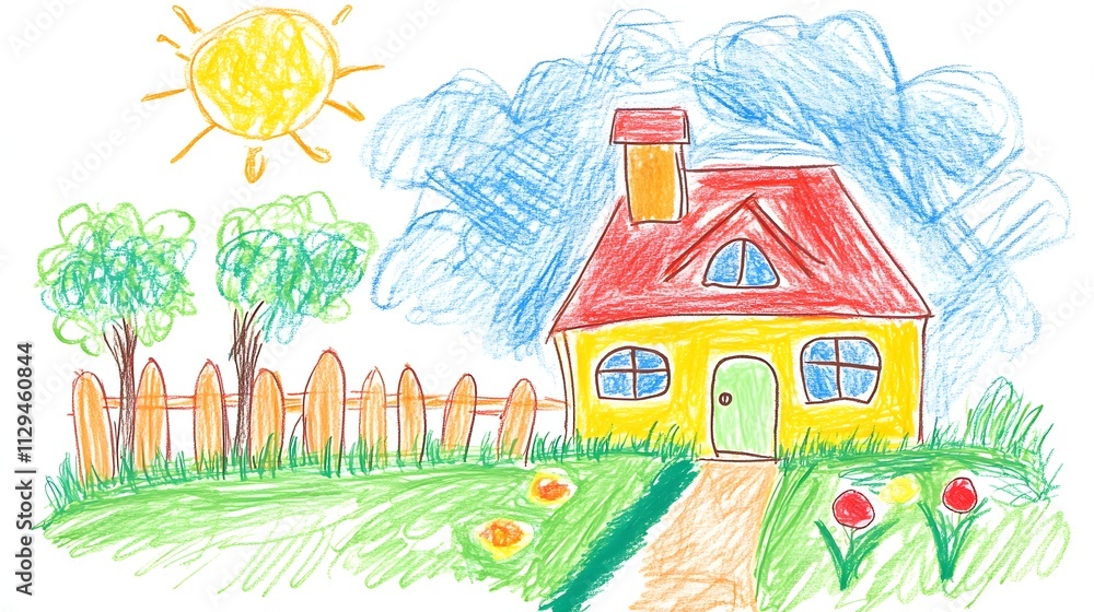 Fototapeta premium A playful drawing of a smiling house with a chimney a garden and a fence.