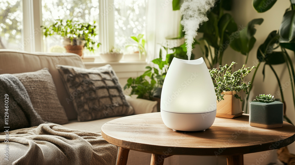 Color-changing essential oil diffuser on wooden table surrounded by plants for winter allergy tips Color-changing essential oil diffuser on wooden table surrounded by plants for winter allergy tips