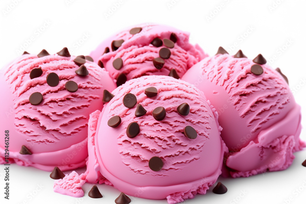 Bowl of pink ice with chocolate chips. Chocolate ice cream with whipped cream on background. A ice cream with pink chocolate and white balls lying on a white background. Lifestyle a white chocolate. Bowl of pink ice with chocolate chips. Chocolate ice cream with whipped cream on background. A ice cream with pink chocolate and white balls lying on a white background. Lifestyle a white chocolate.