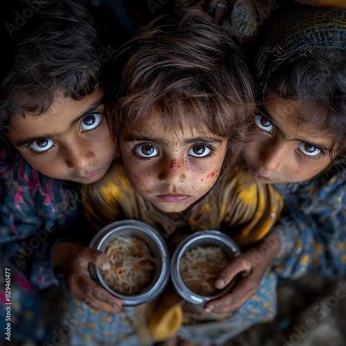 Underprivileged Children Facing Hunger and Poverty with Empty Bowls photo