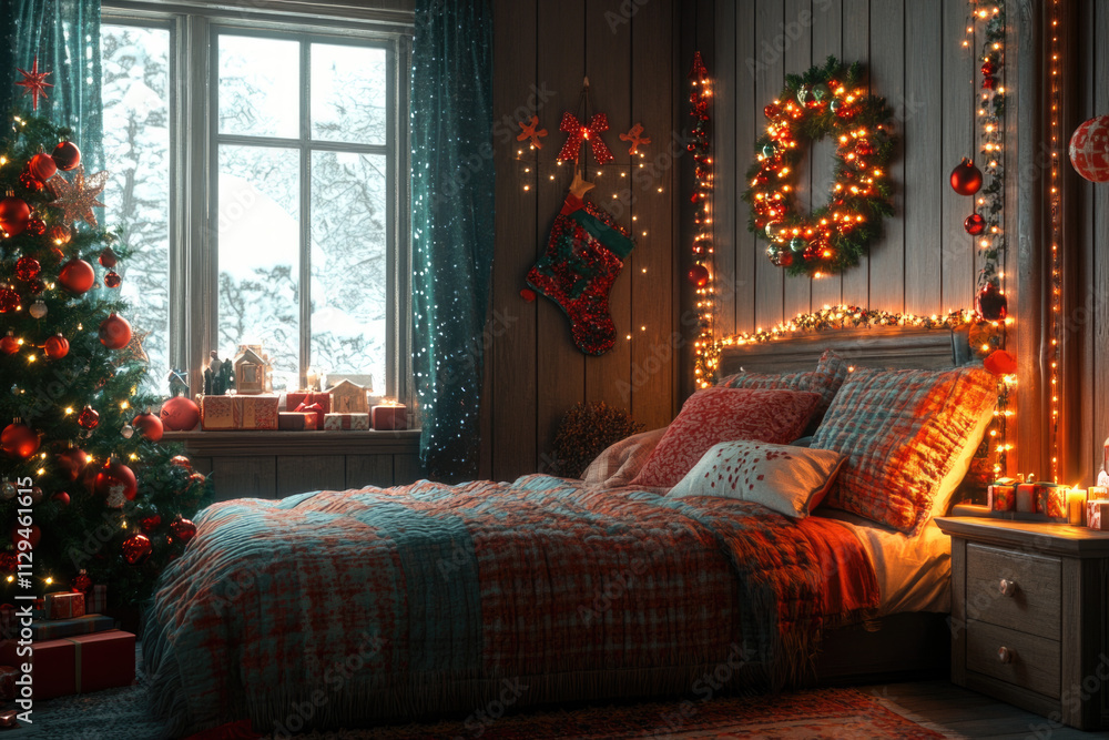 A cozy bedroom decorated for Christmas, featuring a Christmas tree, stockings, wreath, and vibrant bed linens, creating a warm and festive atmosphere. A cozy bedroom decorated for Christmas, featuring a Christmas tree, stockings, wreath, and vibrant bed linens, creating a warm and festive atmosphere.