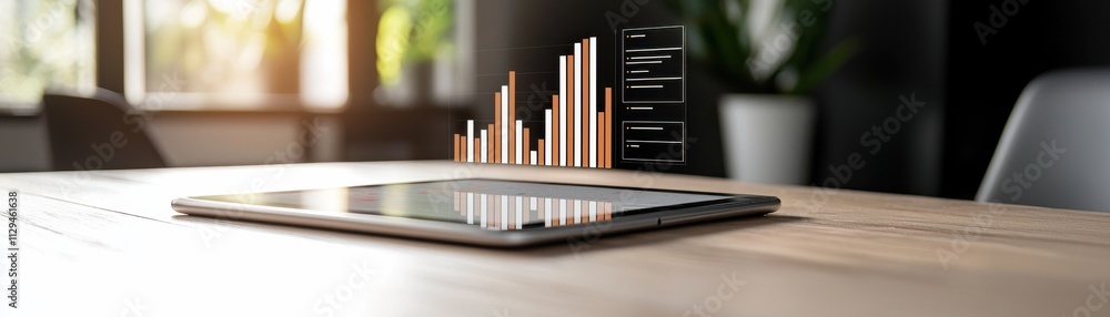 Fototapeta premium A sleek tablet displays rising bar graphs, symbolizing growth and data analysis in a modern workspace.