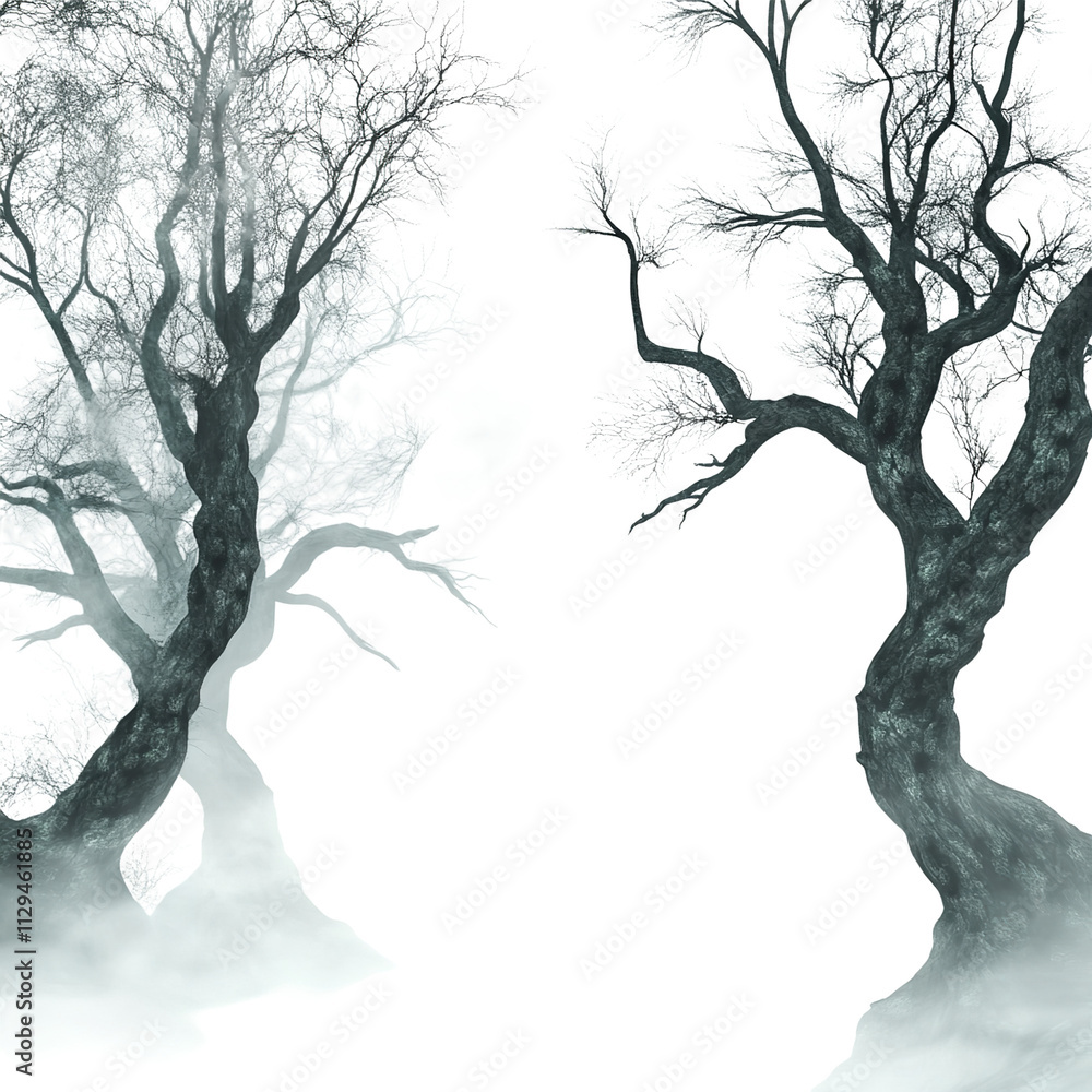 Haunted Forest with Twisted Trees and Fog Isolated on White Background Haunted Forest with Twisted Trees and Fog Isolated on White Background