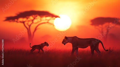 Lioness and cub walk across African savanna at sunset