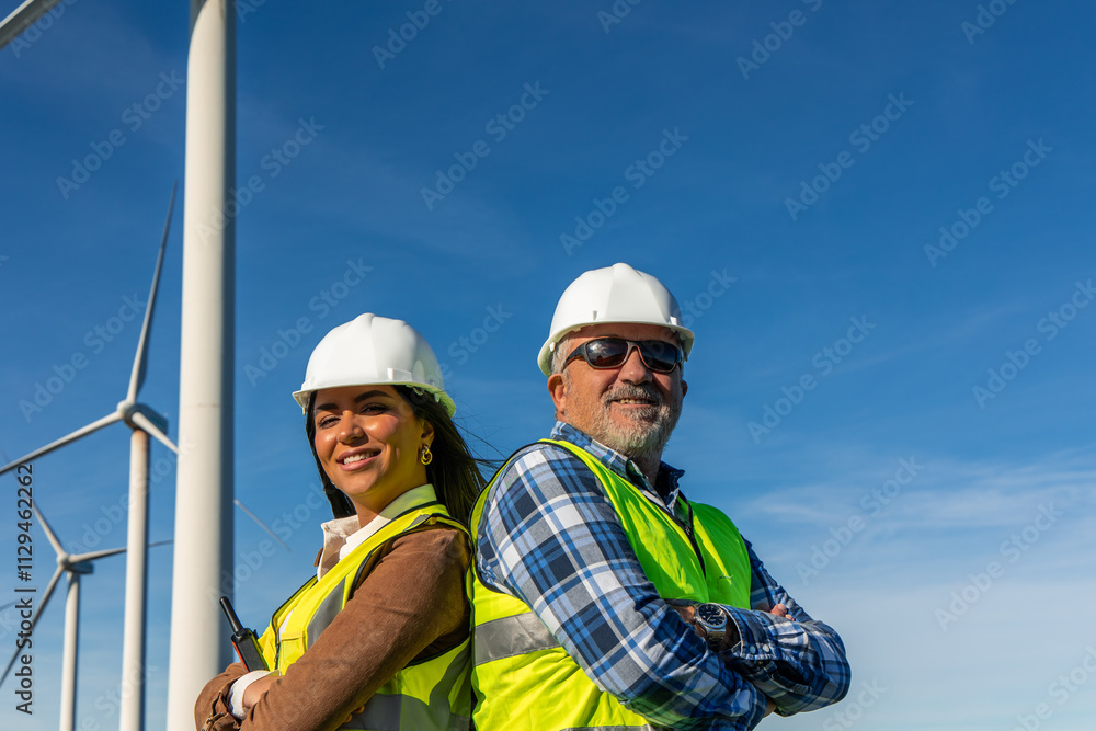 Two multiethnic Engineers posing back to back with arms crossed in a wind turbine power plant Two multiethnic Engineers posing back to back with arms crossed in a wind turbine power plant