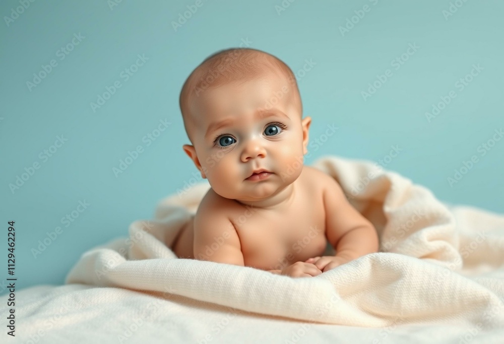 Cute baby portrait with soft blanket and gradient blue background Cute baby portrait with soft blanket and gradient blue background