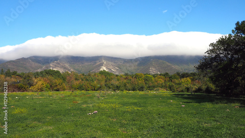 Mountain landscape with green grass and blue sky.