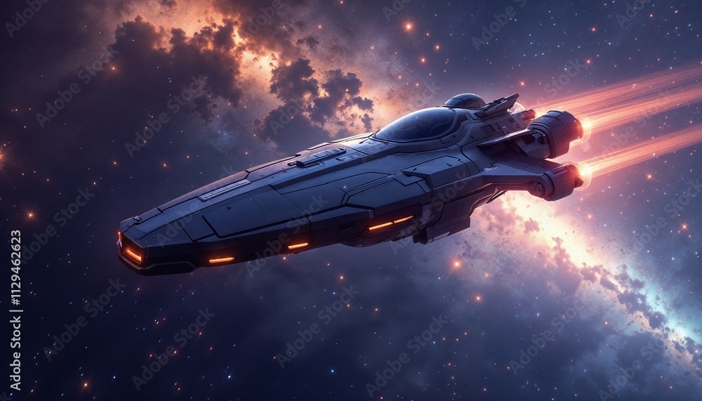 Obraz premium Futuristic spaceship in space with glowing engines and colorful nebula background