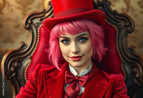 Photorealistic portrait of a non-binary individual with bright pink hair