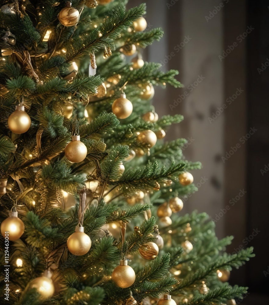 Blurred gold lighting highlights the branches of a lush green Christmas tree, , festive ambiance Blurred gold lighting highlights the branches of a lush green Christmas tree, , festive ambiance
