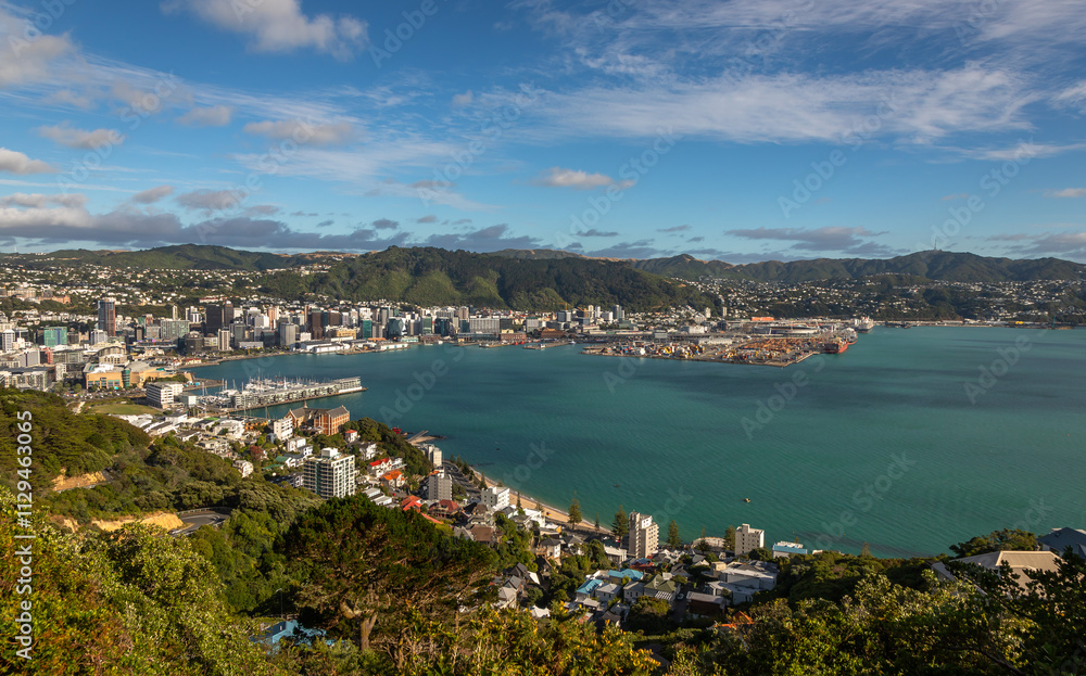 Exposure of New Zealand's Capital Wellington, namely its Central Business District viewed from Mount Victoria, at day time on a beautiful sunny day, Australia Exposure of New Zealand's Capital Wellington, namely its Central Business District viewed from Mount Victoria, at day time on a beautiful sunny day, Australia