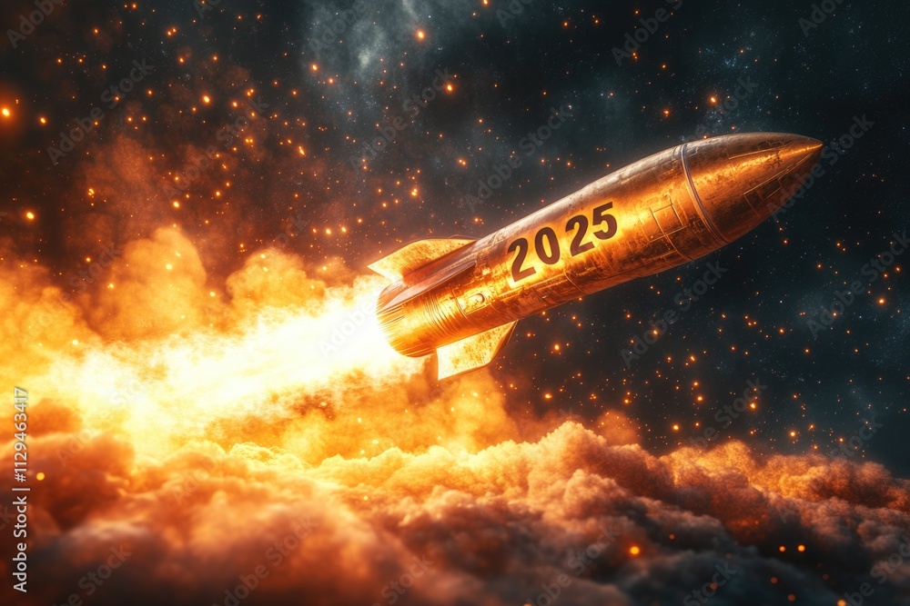 A dynamic image of a rocket labeled 2025, blazing through cosmic clouds with fiery propulsion, representing ambition, future exploration, and the power of innovation. A dynamic image of a rocket labeled 2025, blazing through cosmic clouds with fiery propulsion, representing ambition, future exploration, and the power of innovation.