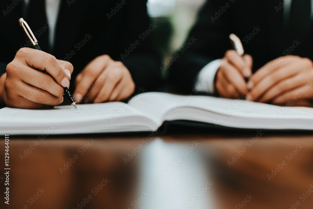 Two adults writing in notebooks at wooden desk Two adults writing in notebooks at wooden desk