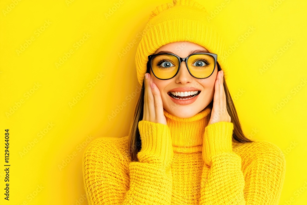 Joyful young caucasian female in bright yellow outfit with glasses against yellow background Joyful young caucasian female in bright yellow outfit with glasses against yellow background