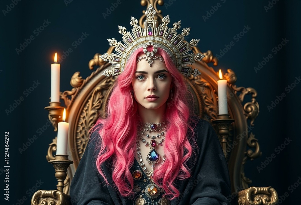 Fototapeta premium Elaborate, surreal portrait of a non-binary individual with pink hair