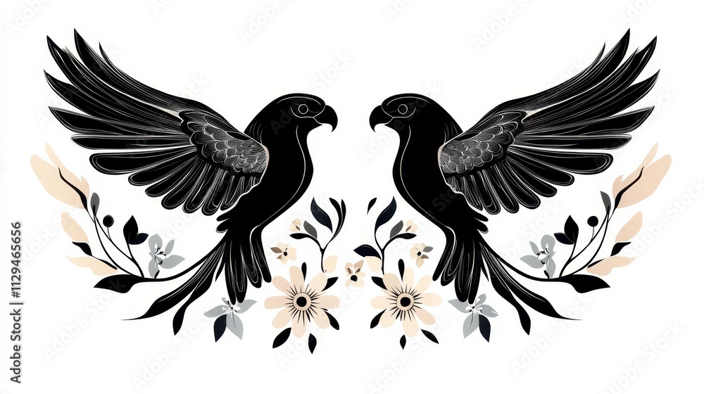 Obraz premium Birds of Paradise Floral Design - Elegant black birds, wings spread, symmetrical design, floral accents, nature motif. Symbolizing freedom, beauty, balance, nature, and love.