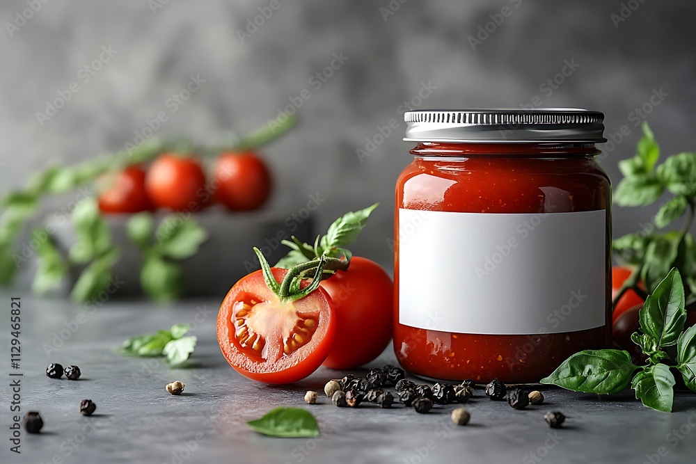 Tasty pickled tomatoes in jars and vegetables on light background. Space for text Tasty pickled tomatoes in jars and vegetables on light background. Space for text