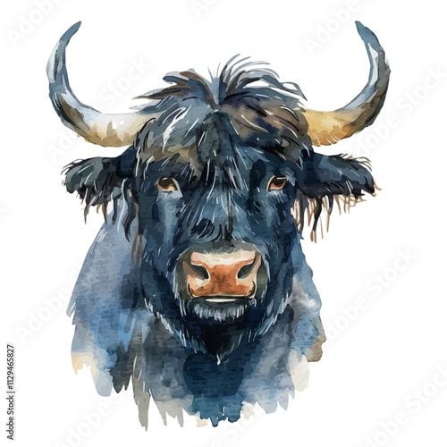 A watercolor illustration of a yak, isolated on a white background. Yak vector.