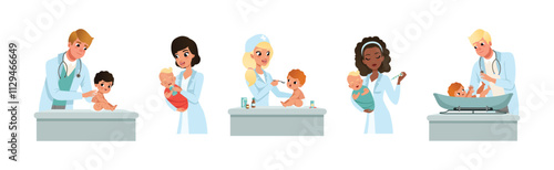 Man and Woman Pediatrician with Little Kids on Medical Examination Vector Set
