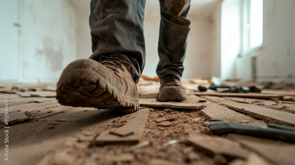 Close-up of construction worker's dirty boots carefully stepping on a broken floorboard amidst demolition debris and tools Close-up of construction worker's dirty boots carefully stepping on a broken floorboard amidst demolition debris and tools