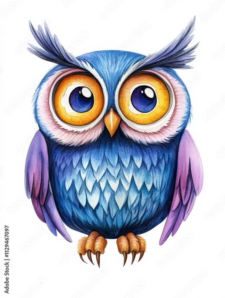 Fototapeta premium Colorful Watercolor Owl Illustration Design - A whimsical watercolor owl, symbolizing wisdom, peace, mystery, night, and childhood. Bright colors and large eyes add to its charm.