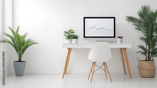 Minimalist home office with computer displaying a rising line graph, indicating favorable financial or business progress photo