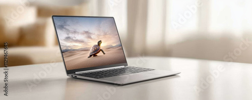 Thin modern laptop displaying a walking turtle on its bright screen, placed on a clean white desk in a luminous room photo