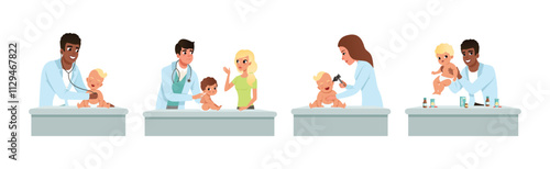 Man and Woman Pediatrician with Little Kids on Medical Examination Vector Set