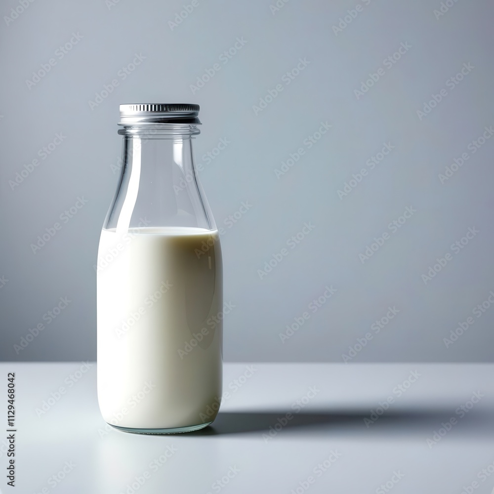 Glass bottle of milk is sitting on a table Glass bottle of milk is sitting on a table