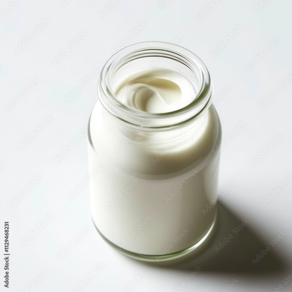 Jar of white cream is sitting on a white surface Jar of white cream is sitting on a white surface