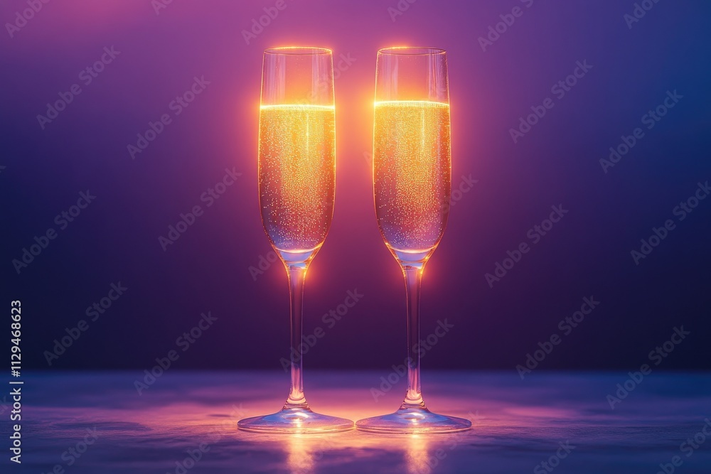 A surreal New Year’s toast scene, with two clinking champagne glasses glowing softly, set against a dreamy gradient of purple, blue, and gold A surreal New Year’s toast scene, with two clinking champagne glasses glowing softly, set against a dreamy gradient of purple, blue, and gold