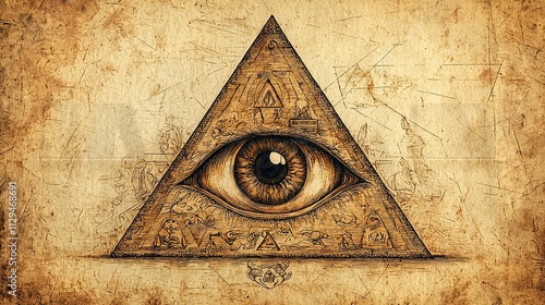 All-seeing eye observing from inside triangle on parchment background photo