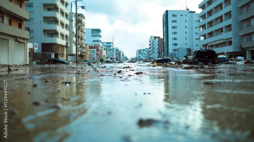 Fototapeta premium Aftermath of a tsunami: a city street submerged in floodwater, with overturned vehicles and debris strewn about