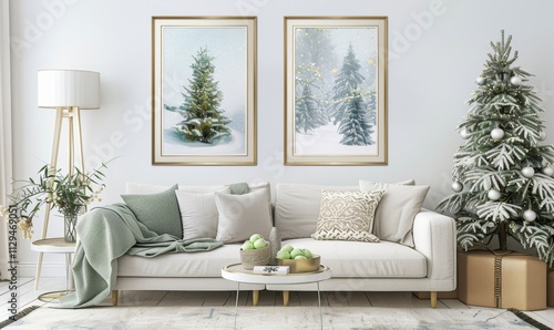 A cozy living room features a light-colored sofa draped with soft textiles, showcasing elegant picture frames with winter scenes. A decorated Christmas tree completes the festive ambiance