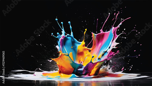 Multicolor paint splash on black background. Explosion of colored paint on black background. Paint splash art.