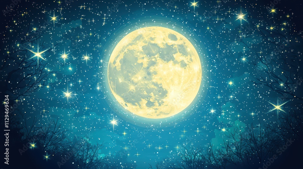 Fototapeta premium A glowing full moon shines brightly amidst a starry night sky, creating a serene and enchanting celestial scene.