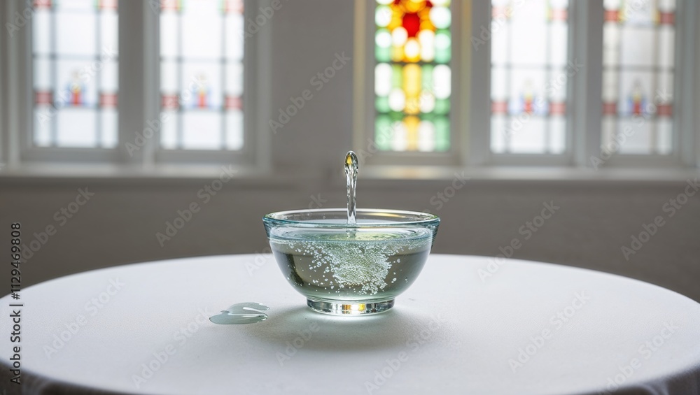 bowl of water with bubbles and splash in a bright room with stained glass windows bowl of water with bubbles and splash in a bright room with stained glass windows