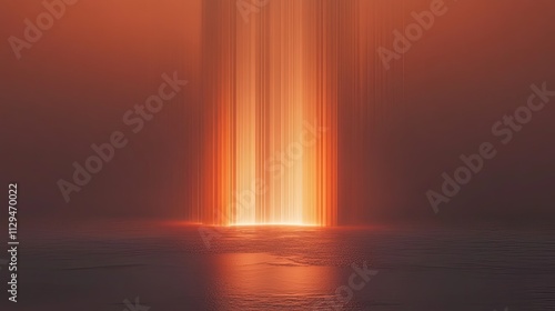 Abstract orange light beams rising from calm water, creating a surreal and ethereal atmosphere.